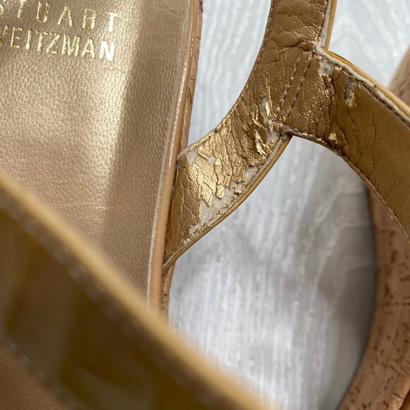 STUART WEITZMAN WOMEN'S TAN PATENT LEATHER STRAPPY CORK WEDGE SANDALS SIZE 10 - Picture 3 of 10